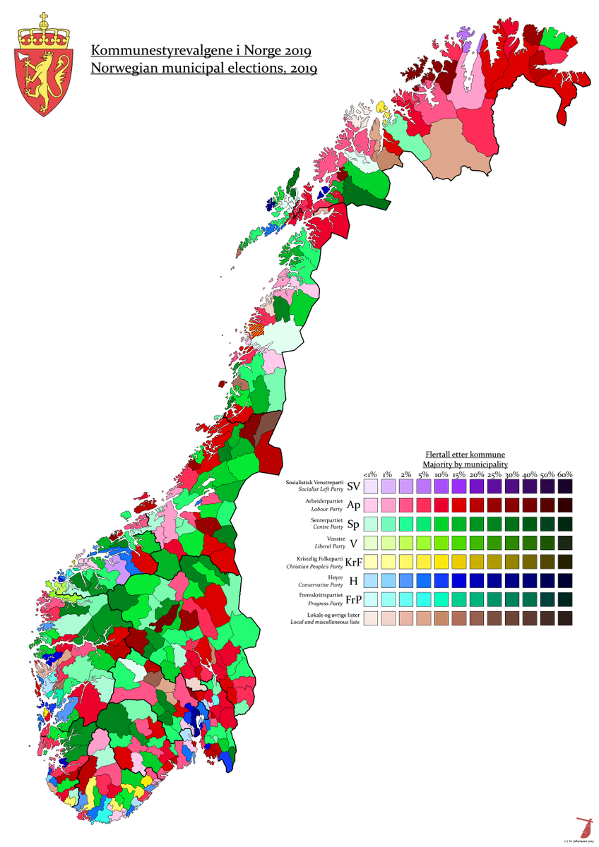 AJRElectionMaps's tweet photo. In just a few minutes, polls close in #Valg23, so here's our map of the last election. A big success for @Senterpartiet, which opposed controversial boundary reforms. They're now in government with @Arbeiderpartiet, and both parties seem set to lose this time - but how much? https://t.co/wiqAyW8ZqE