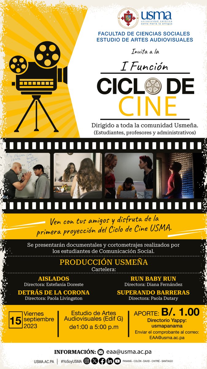 USMApanama's tweet image. 🎬 1° Función | Ciclo de Cine | Producciones usmeñas 🎞️

#EAAUSMA #COSOSUSMA