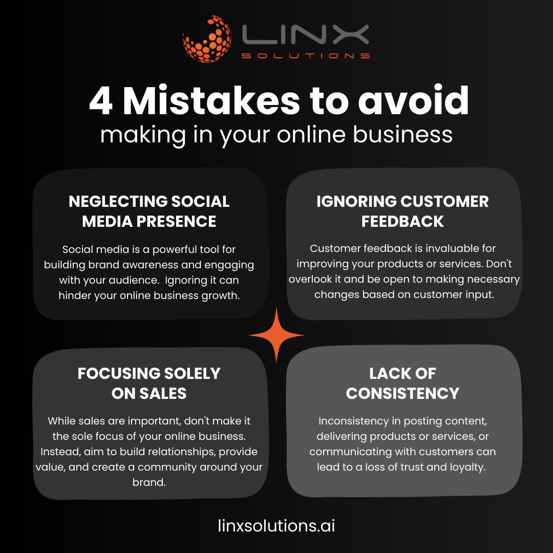 Maximize Your Online Business Potential! Steering clear of common missteps is crucial. 🙌

Let Linx Solutions be your compass to navigate the digital landscape! 🌐✨

#DigitalMarketing #BusinessMistakes #SocialMediaTips #SocialMediaMarketing #LinxSolutions