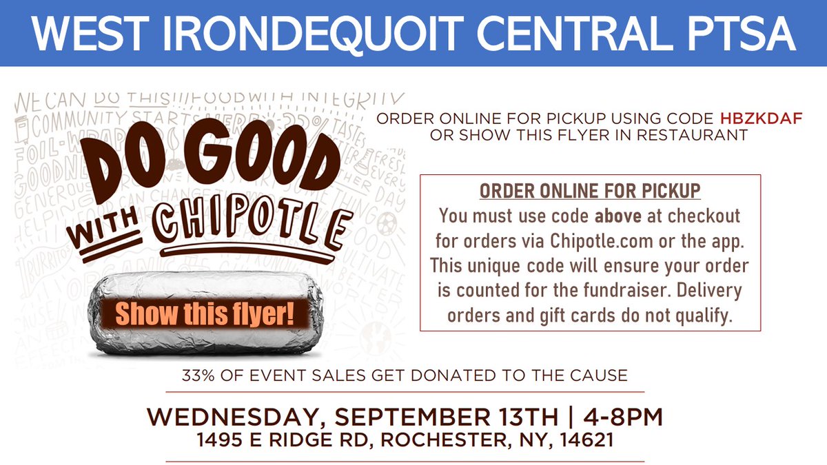WICPTSA FUNDRAISER: Help support the <a href="/wicptsa/">West Irondequoit Central PTSA</a>  and, in turn, our schools! Make sure to bring the flyer, mention it or use the code if ordering online or over by phone.