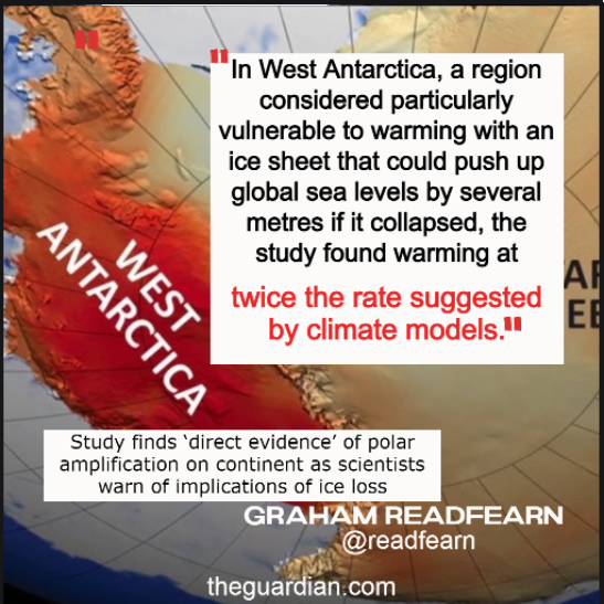 CodeRedEarth's tweet photo. Warming at twice the rate suggested by climate models in West Antarctica.

Direct evidence of polar AMPLIFICATION.
➡️https://t.co/5wCPX3CiCL
#ClimateEmergency 
It amazingly has only 23 weather stations *permanent though it is the size of US &amp; Mexico combined 
(stupid no?) https://t.co/D5KYcSoA06