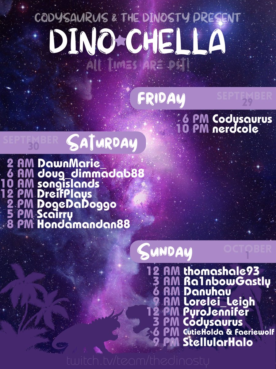 ANNOUNCEMENT TIME! 🦖

The Dinosty presents #Dinochella, a 54hr+ community weekend event.

The party begins Friday, September 29!

Meet the streamers of 'The Dinosty' stream team &amp; play games w/ the community all weekend long!

See you for the kick-off @ twitch.tv/codysaurus!