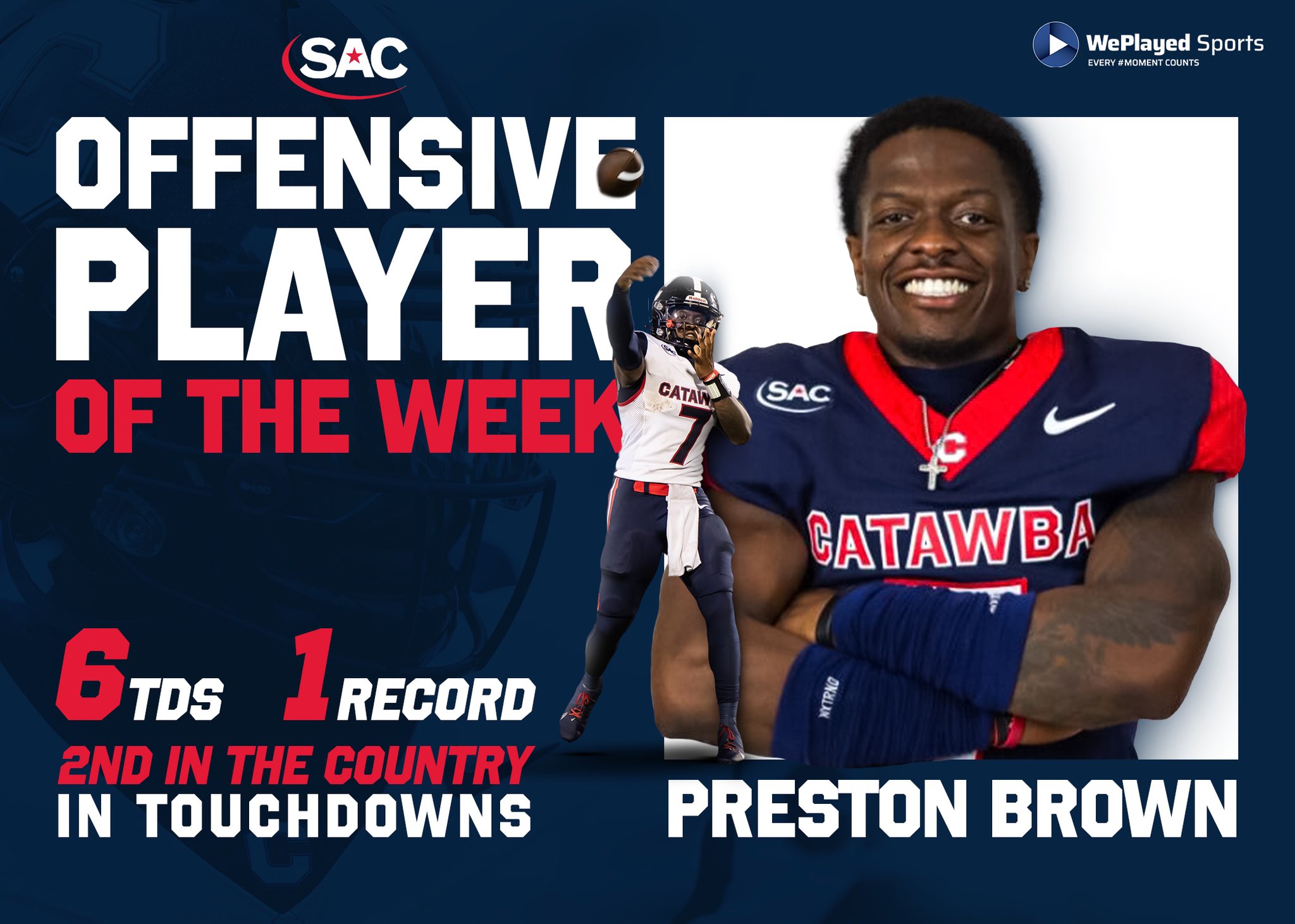 Catawba Football on X PRESTON BROWN HAS BEEN NAMED THE WePlayed Sports OFFENSIVE PLAYER OF THE WEEK Preston Leads the SAC in completions completion percentage yards and touchdowns. He is 2nd in