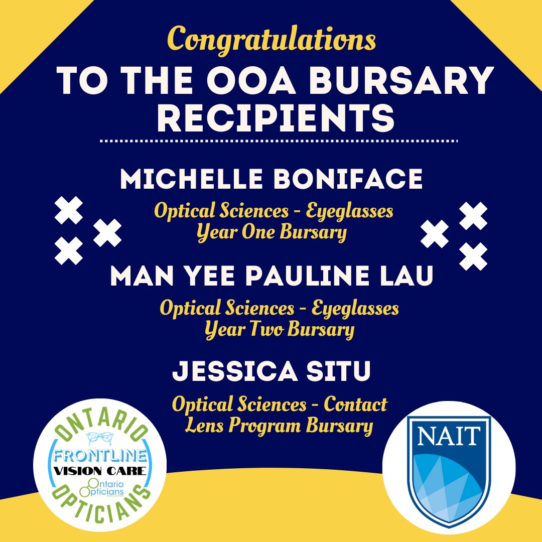 OOA_Frontline's tweet image. 🎉👓CONGRATULATIONS!👓🎉

We are excited to announce the recipients of the OOA @NAIT Bursaries!
The OOA would like to celebrate your accomplishment, and we look forward to your continued success at NAIT and in the field of Opticianry!

#Opticians #NAIT #OOA