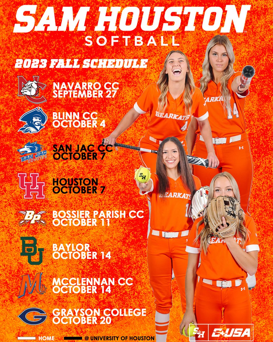 Its Fall Ball time in Huntsville! Game times are as follows: Sept 27, Oct 4, Oct 20 at 4pm. Oct 11 at 5pm, Oct 14 at 12pm and 3 pm. Game times at the University of Houston are still TBD! Come support your Bearkats as we kick off the 2024 season! #EatEmUpKats
