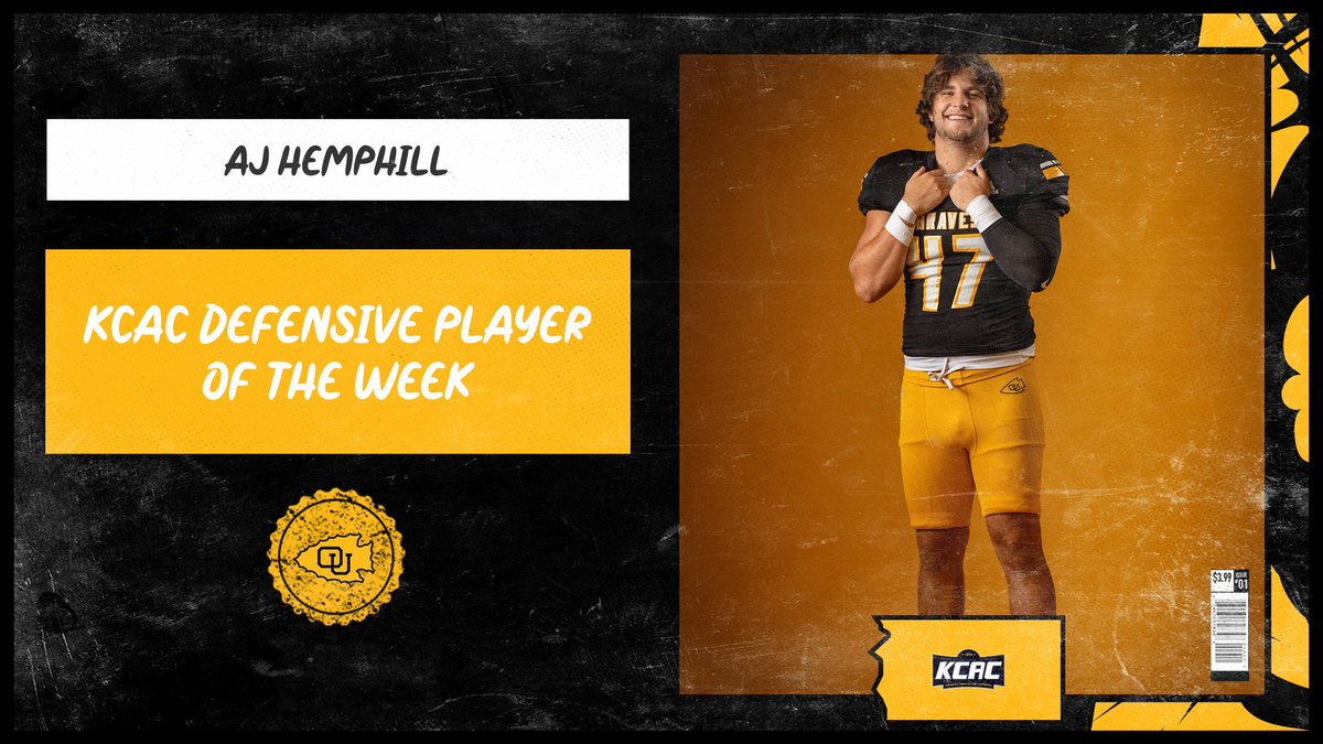 .<a href="/OttawaBravesFB/">Ottawa Braves Football</a> <a href="/AJHemphill433/">AJ Hemphill</a> has been named KCAC Defensive Player of the Week for his 17 tackle performance in OU's victory over no. 23 Bethel. Congratulations AJ!! #BraveNation