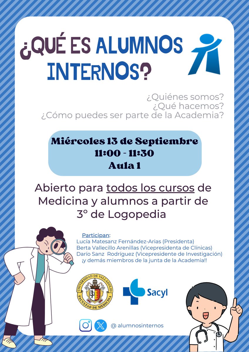 ¡ATENCIÓN! 🚨

¿Eres estudiante de Medicina o alumno de 3° o 4° de Logopedia? ¿Te gustaría tener un aprendizaje más práctico y de primera mano? 

Pues esto te puede interesar!! El miércoles 13 de Septiembre te explicamos qué es la Academia y muchas más cosas 🤗
¡Esperamos veros!