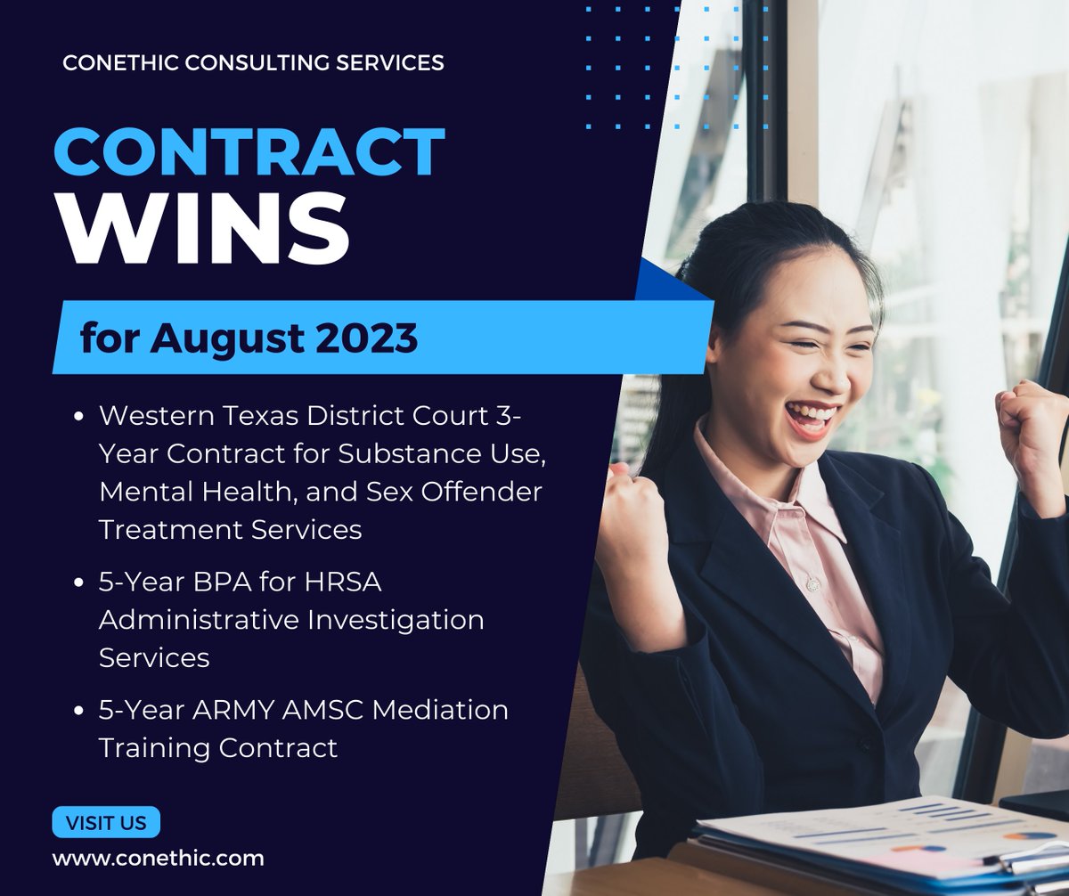 Our clients saw some more wins in August! Contact Conethic today to get your business on the path to success.

#Consulting #Contracts #Government #GovernmentContracts #GovernmentConsultants #GovernmentGrants #GovernmentProcurement #Grants #Procurement #SmallBusiness #Success