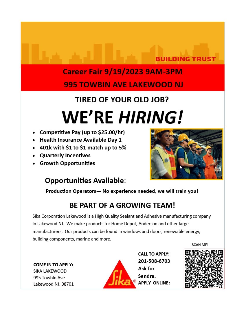 OceanCountyPIC's tweet photo. Sika Corporation will be having a Career Fair on September 19, 2023, from 9 am until 3pm at their office located at 995 Towbin Ave, Lakewood, NJ. https://t.co/L5iqde584j