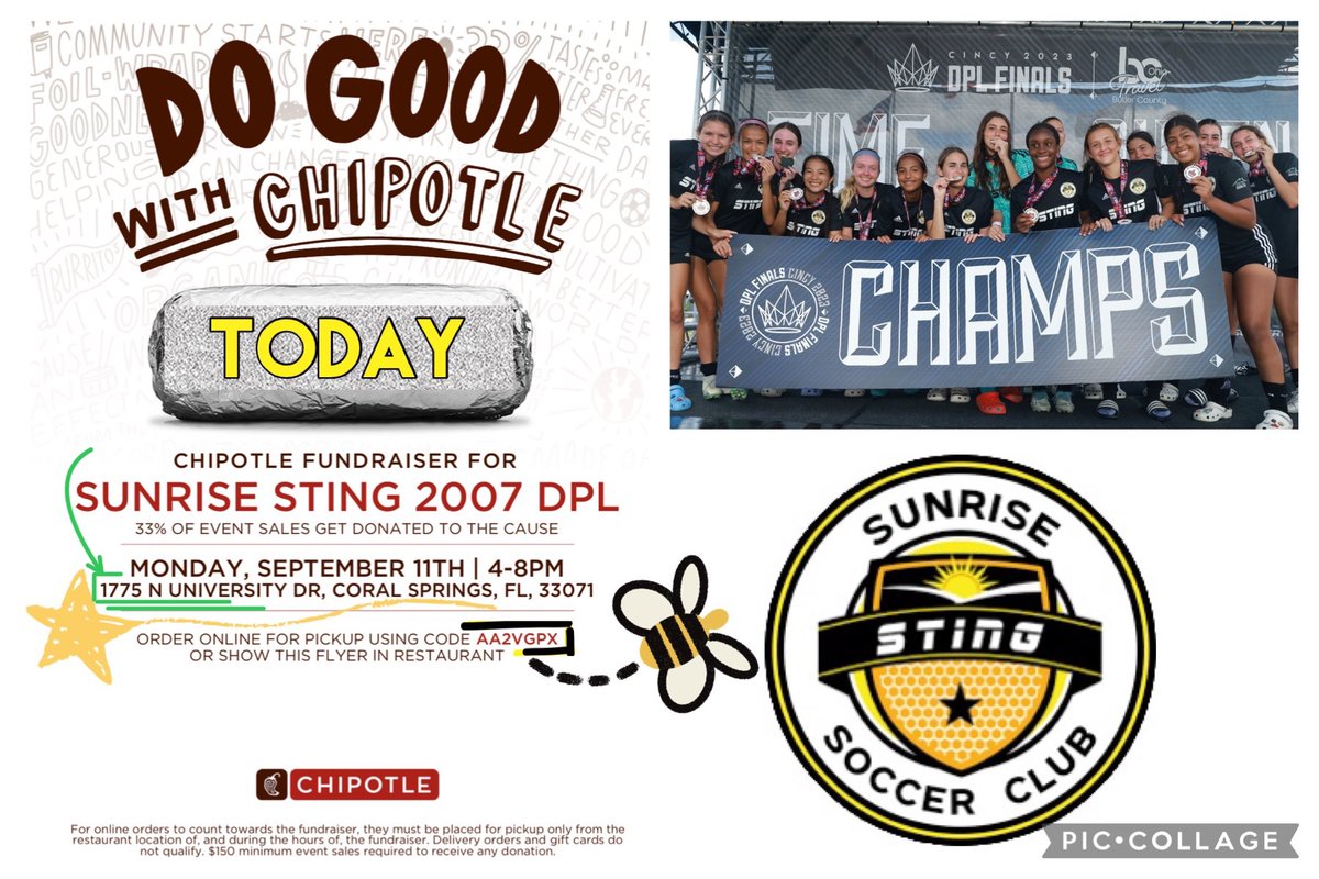 mg_kitkat's tweet photo. Less than an hour until our Chipotle Mexican Grill fundraiser starts. Please help Kat’s soccer team by using the code or showing this flyer. Thank you. at Chipotle Coral Springs 1775 N University Dr. @Sting2007DPL  @sunrisesoccer 
@ChipotleTweets https://t.co/m9Ci0FgMm6