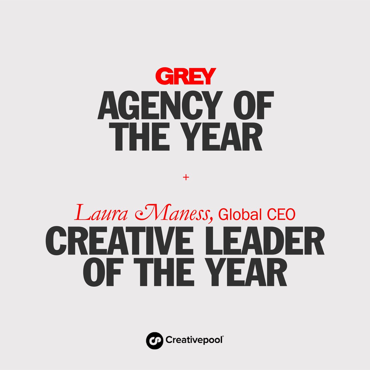 We are thrilled to announce Grey was awarded Agency of the Year at this year’s annual @Creativepool awards. And, @LauraManess, Global CEO has been named Creative Leader of the Year - cementing our position as a creative-powerhouse 🎉 Read more here: bit.ly/3ZeZ5Pr