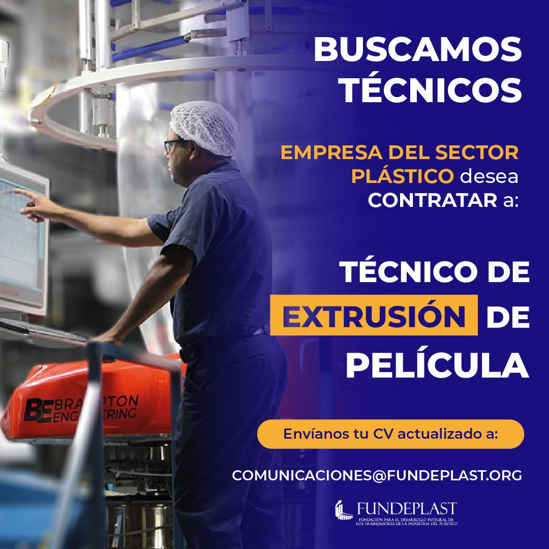 ⚠️Gran Oportunidad Laboral ⚠️
Empresa del sector del plástico desea contratar
Técnicos de Extrusión de Película

📩 Envíanos tu CV actualizado al correo
comunicaciones@fundeplast.org
Escríbenos también a nuestro WhatsApp al 7600-9350 📱
📣No dejes pasar esta gran oportunidad 📣