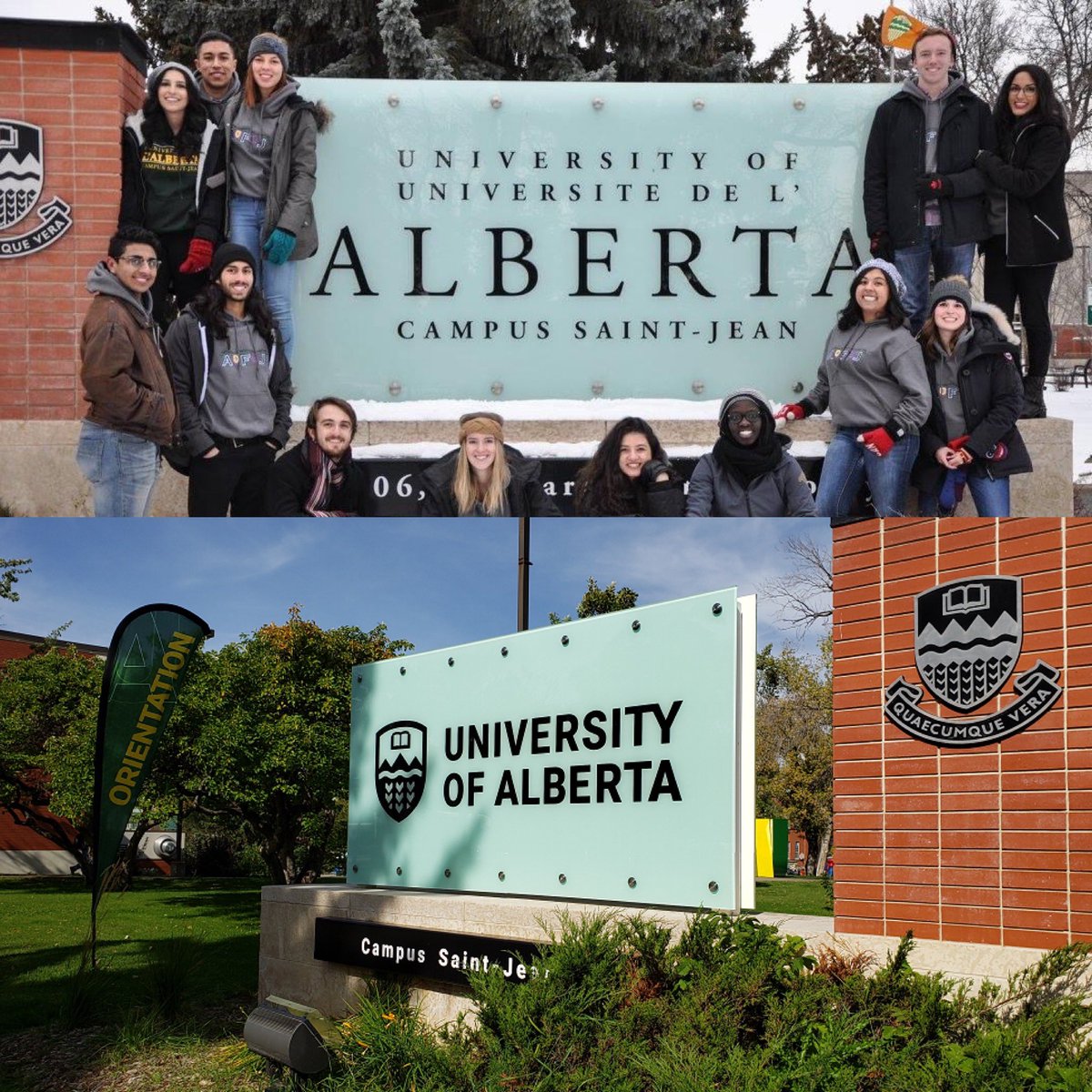 Où est passé notre enseigne en français @UAlberta_CSJ ? Assez choquée ce matin de faire cette découverte. Des photos comme celle du haut de 2015 avec la gang de l'<a href="/AUFSJ/">AUFSJ</a> et qui reflète notre fierté francophone ne seront plus possibles 😢#frab #sauvonssaintjean