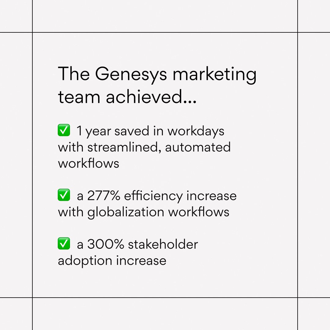 asana's tweet photo. From feeling "rushed, overloaded, and frustrated" to orchestrating global marketing harmony 🌍. Discover how the @Genesys marketing team saved a full year of workdays #withAsana. http://go/genesyscasestudy https://t.co/wosgY4dsdJ