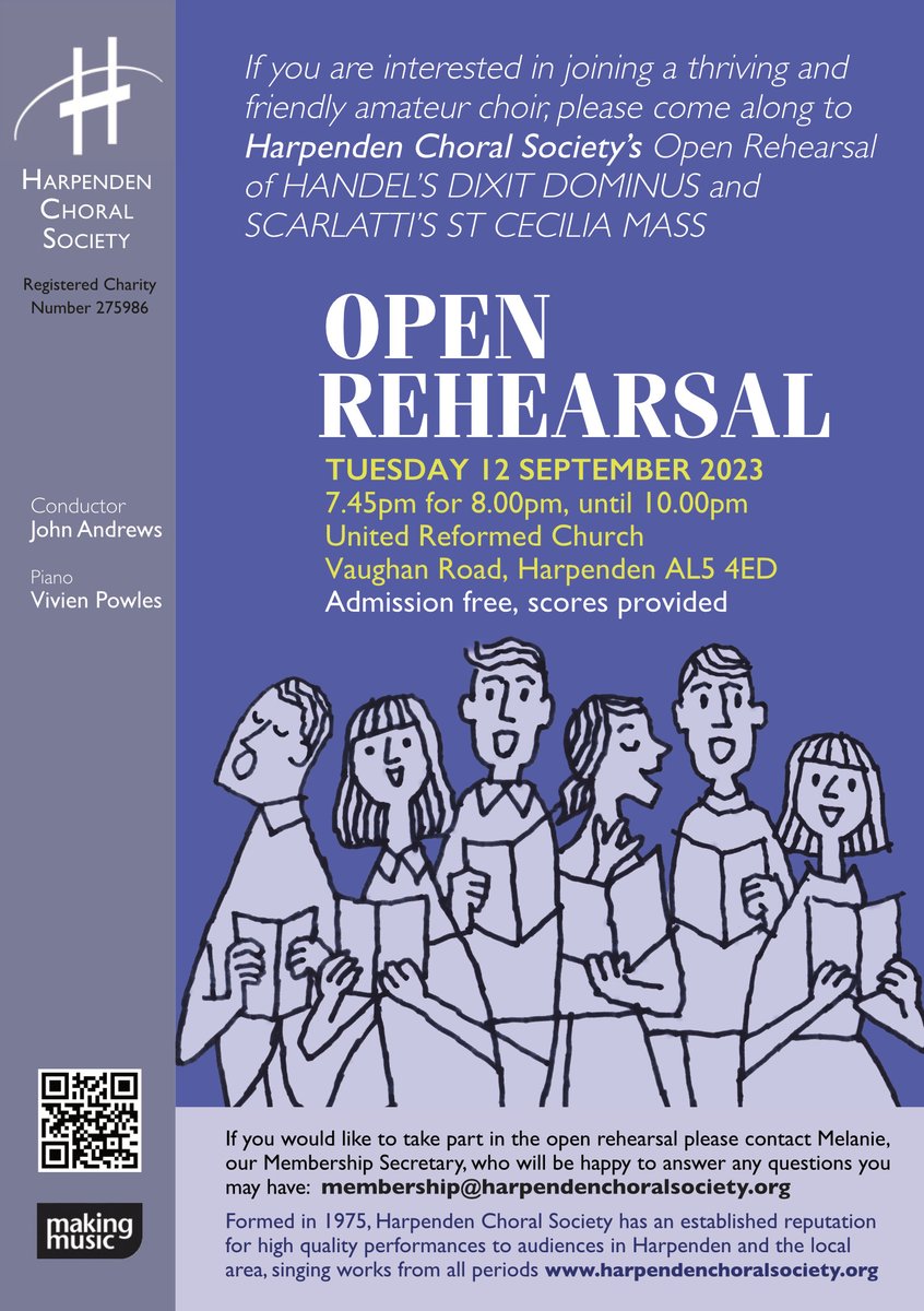 It's our Open Rehearsal tomorrow night. Any singers who are interested in joining our friendly choir are very welcome to take part. More details from: membership@harpendenchoralsociety.org Hope to see you there!