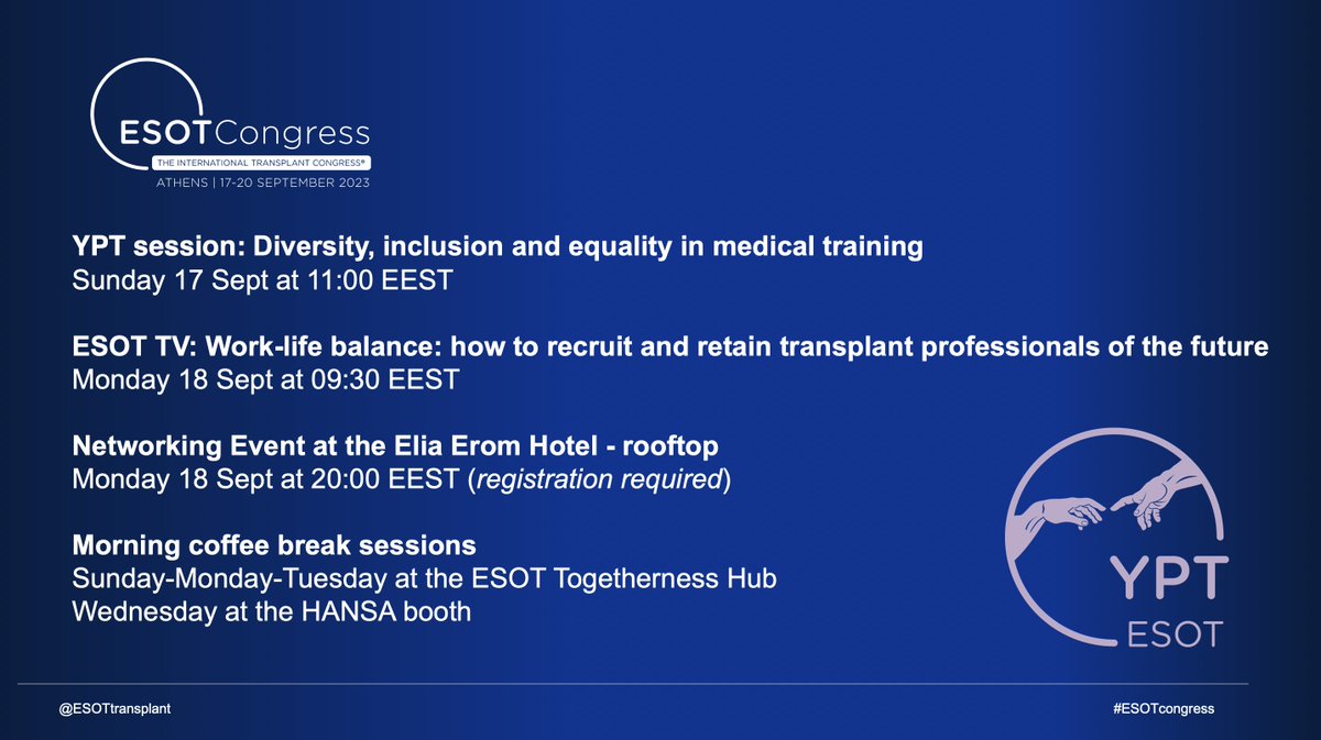 Less than a week for the #ESOTcongress in Athens. Looking forward to all #ESOT_YPT sessions for Young Professionals in Transplantation. @ESOTtransplant
