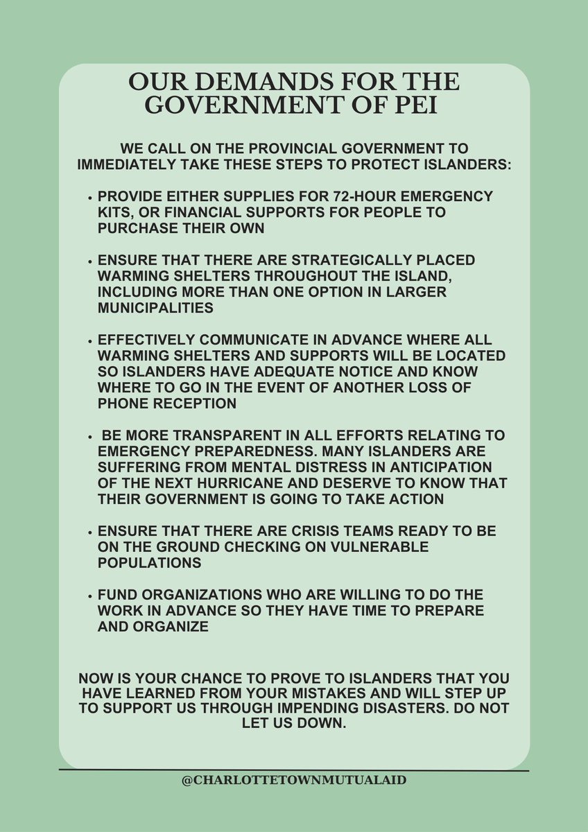 Charlottetown Mutual Aid (@chtownmutualaid) on Twitter photo Our statement to <a href="/InfoPEI/">Government of PEI</a> on their response to hurricane Fiona and their preparedness for future disasters. Islanders deserve to know that their government will step up and keep them safe. Our statement to <a href="/InfoPEI/">Government of PEI</a> on their response to hurricane Fiona and their preparedness for future disasters. Islanders deserve to know that their government will step up and keep them safe.