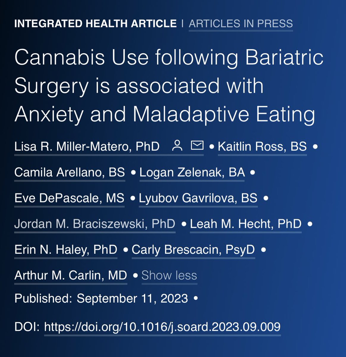 SOARD_JOURNAL's tweet photo. 📣 New article in press on SOARD 

Cannabis Use following Bariatric Surgery is associated with Anxiety and Maladaptive Eating

@lisa_matero @ArtMCarlin 

https://t.co/7A5638vsmW

#BariatricSurgery #Cannabis https://t.co/NjA5035dOK