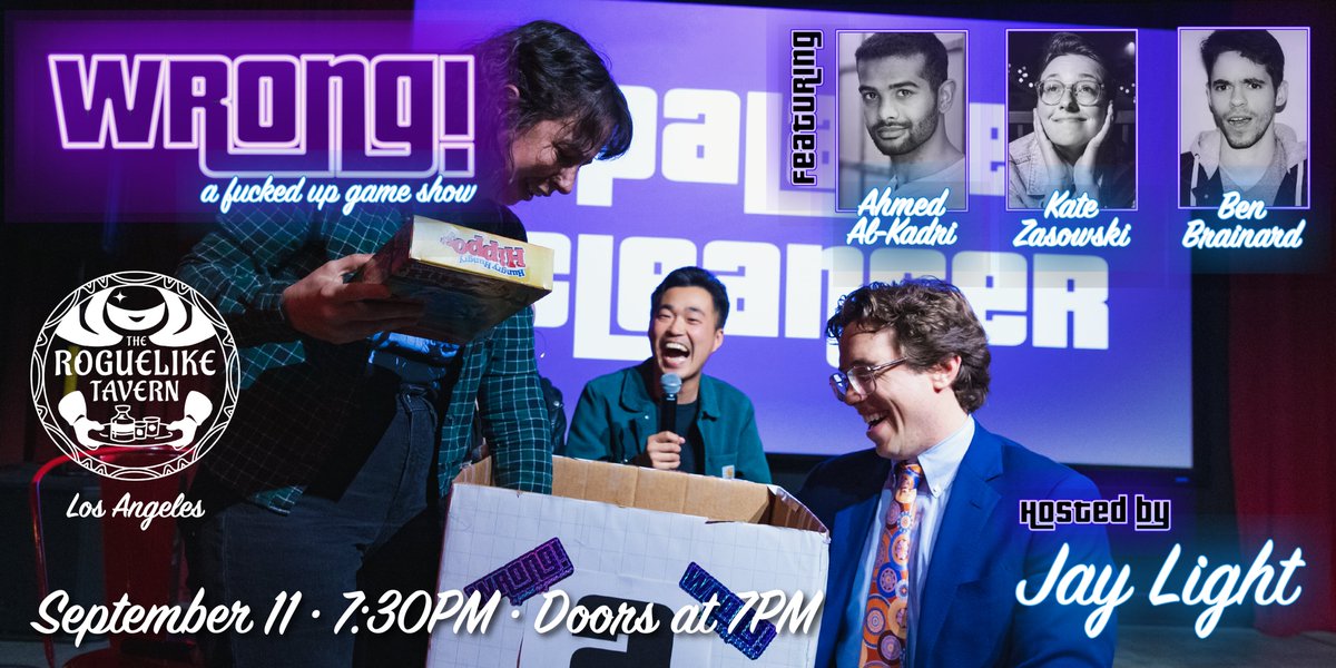 wronggameshow's tweet image. It's time for a show you'll never forget.

Tonight we're back at @theroguelike with a towering lineup (@Ben_Brainard! @ahmedlovesbread! @katezasowski!) and plenty of holiday jokes for all who celebrate 🇺🇸 let’s roll!

GET TIX HERE: eventbrite.com/e/688868563417…