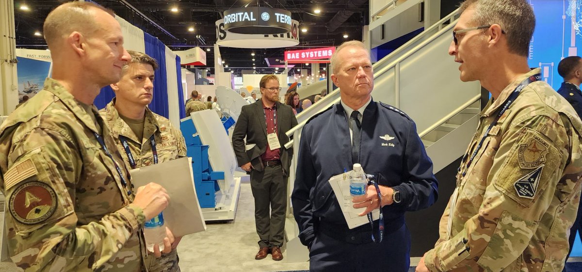 AFResearchLab's tweet photo. Gen. Mark D. Kelly, @aircombatcmd Commander met with our Commander, Gen. Cain, to tour #booth511 during the @AFA_Air_Space's #ASC23! https://t.co/yBGQHM2C7m