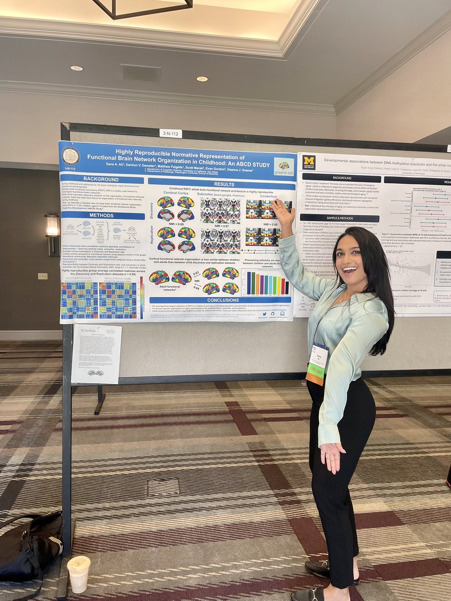 ResearchbySana's tweet image. As promised, #ABCD brain network organization now featuring the subcortex and cerebellum. Thanks to everyone who stopped by my poster at #Flux2023. As a first time attendee, I especially valued the close knit community conference culture.