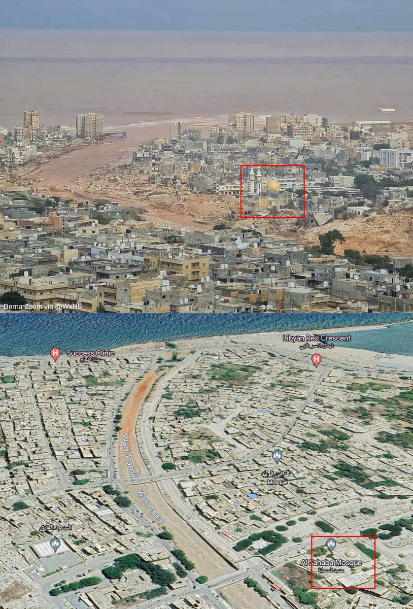 ExtremeWXMap's tweet photo. This severe flooding geolocates to the coastal town of Derna, Libya following rain from Storm Daniel, near 32.766820, 22.649960. https://t.co/PGjeEMHbfI