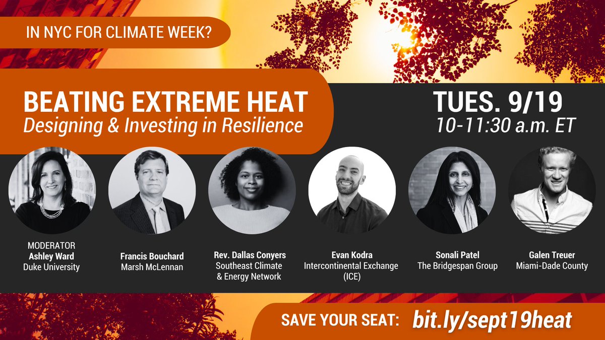 Nicholas Institute (@nichinstitute) on Twitter photo Taking part in #ClimateWeekNYC? Don't miss this event organized by <a href="/DukeU/">Duke University</a> and hosted by <a href="/Holland_Knight/">Holland & Knight</a> on 9/19!
Experts from diverse sectors will discuss challenges, investment needs, and actionable solutions for addressing extreme heat.
Register now: bit.ly/sept19heat Taking part in #ClimateWeekNYC? Don't miss this event organized by <a href="/DukeU/">Duke University</a> and hosted by <a href="/Holland_Knight/">Holland & Knight</a> on 9/19!
Experts from diverse sectors will discuss challenges, investment needs, and actionable solutions for addressing extreme heat.
Register now: bit.ly/sept19heat