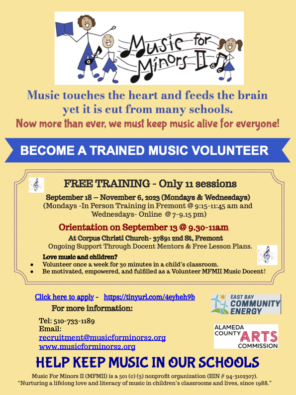 MFMII_ORG's tweet photo. 🎵 Transform lives by becoming a trained music volunteer with us! Our free orientation is on Sep 13th, 9:30-11 am at Corpus Christi Church, Fremont. Apply now: https://t.co/t3A8GHxsTW. For more details, email: recruitment@musicforminors2.org or call (510) 733-1189 https://t.co/ulsTACoYrn