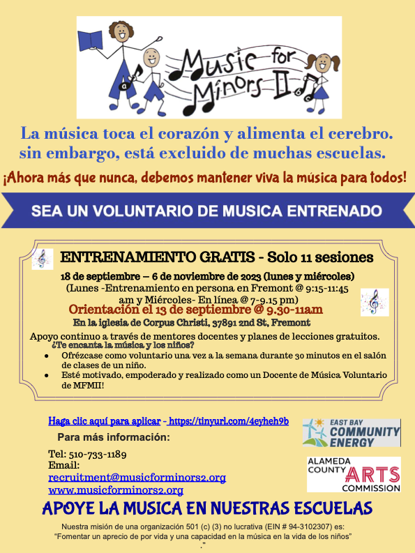MFMII_ORG's tweet photo. 🎵 Transform lives by becoming a trained music volunteer with us! Our free orientation is on Sep 13th, 9:30-11 am at Corpus Christi Church, Fremont. Apply now: https://t.co/t3A8GHxsTW. For more details, email: recruitment@musicforminors2.org or call (510) 733-1189 https://t.co/ulsTACoYrn