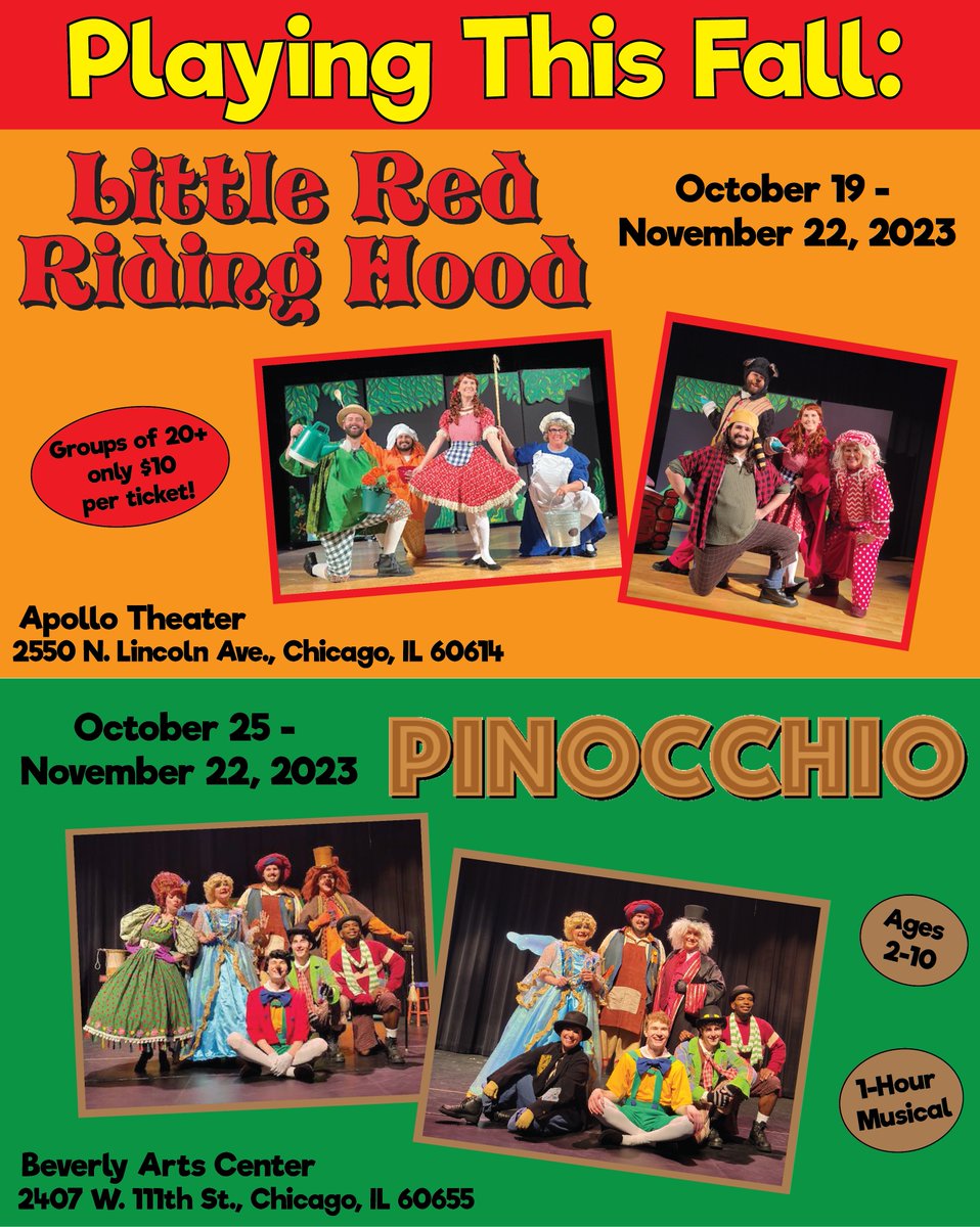 This fall we are bringing back LITTLE RED RIDING HOOD, playing from Oct 19-Nov 22 at the Apollo Theater, and PINOCCHIO, playing from Oct 25-Nov 22 at the <a href="/BACchicago/">Beverly Arts Center</a>. Book your tickets today! 

chicagokidscompany.com

#littleredridinghood #pinocchio #chicagotheater