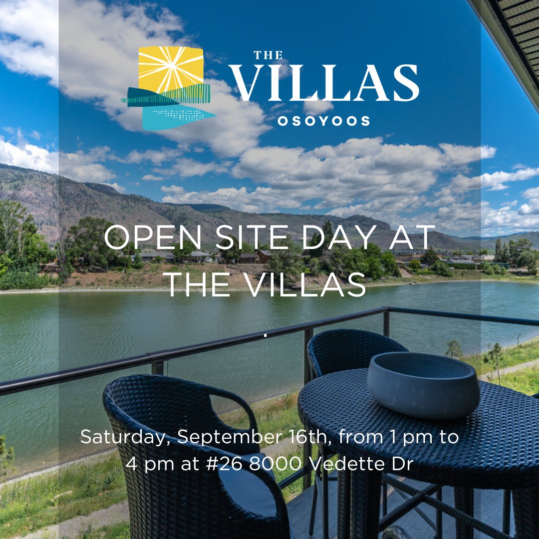 Join us for our Open Site Day at The Villas on September 16th from 1 - 4 pm at #26 - 8000 Vedette Drive in Osoyoos.

This is your opportunity to experience everything The Villas has to offer you.

See you there!
diverseproperties.com/projects/the-v…
#osoyoos
