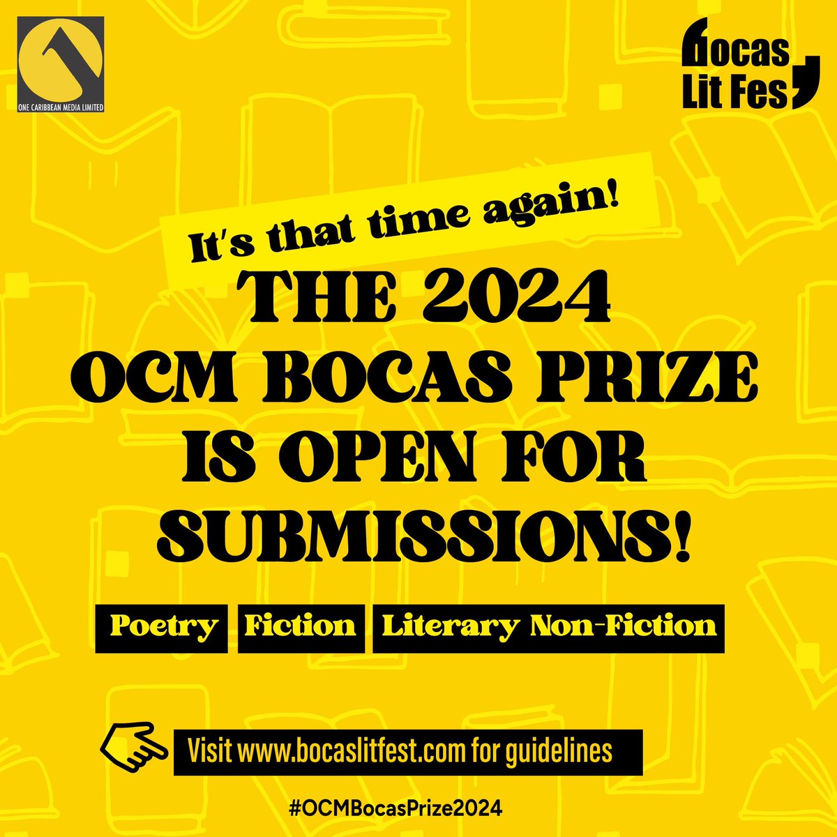 🏆 The 2024 OCM Bocas Prize for Caribbean Literature is now open for submissions! 🏆

Now in its 14th year, the OCM Bocas Prize celebrates books of fiction, poetry, & non-fiction by writers of Caribbean birth/citizenship.

bocaslitfest.com/awards/ocm/

@OCM_Group
#OCMBocasPrize2024