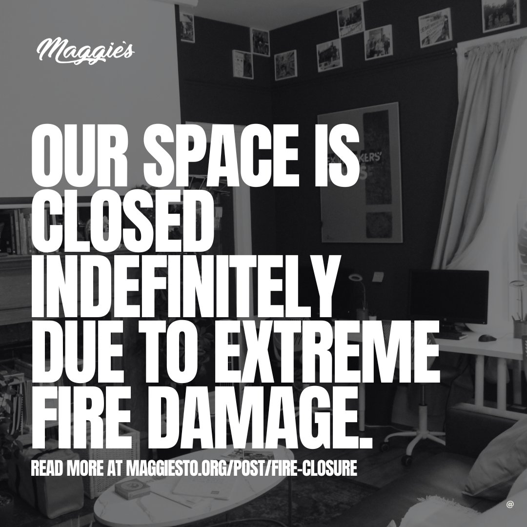 An important update from our team below.🧵
 
Due to extreme fire damage, our space will remain closed indefinitely. We are thankful no one was injured and committed to rebuilding a beautiful, dedicated space for SWs across Toronto and the GTA.

More at maggiesto.org/post/fire-clos…