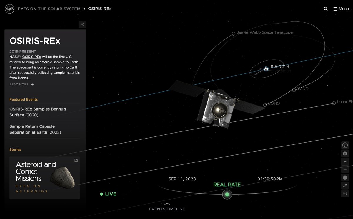 NASASolarSystem's tweet image. Follow along with OSIRIS-REx&apos;s journey in real time – or fast-forward to Sept. 24 and preview the sample capsule landing: eyes.nasa.gov/apps/solar-sys…