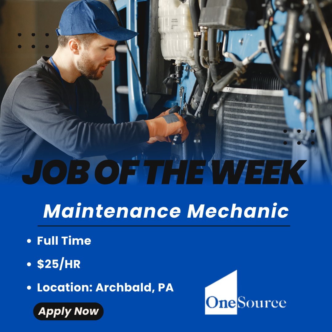 Job of the week!

We are hiring a Maintenance Mechanic in Archbald, PA. 

If you are interested in applying for this job, fill out an application here: nsl.ink/boxH

#NowHiring #MaintenanceMechanic