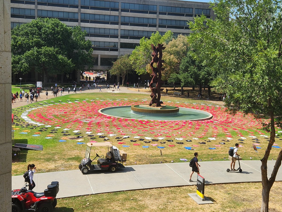 A powerful display of 1,100 t-shirts to end stigma about seeking mental health support during Suicide Prevention Month by UH Student Government Association. Call CoogsCare 24/7 if you need help. <a href="/UHSGA/">UH SGA</a>