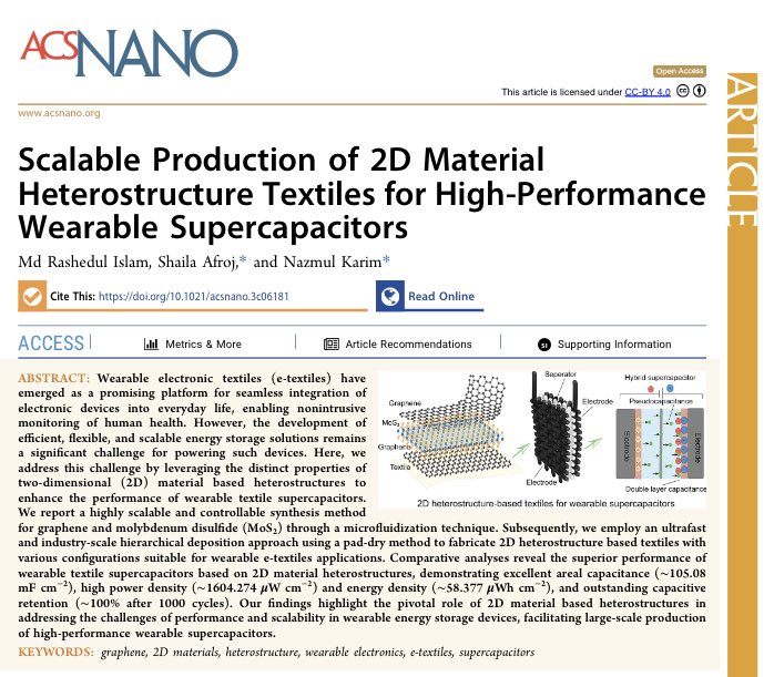 Just published in <a href="/acsnano/">ACS Nano</a> ! 

2D heterostructure textiles for high performance wearable supercapacitors, lead authored by <a href="/ShouravRashed/">Rashedul Islam</a>. 

Produced in a scalable and controllable way! 

lnkd.in/eHDxMDam

<a href="/UWE_Research/">Research from UWE Bristol</a>