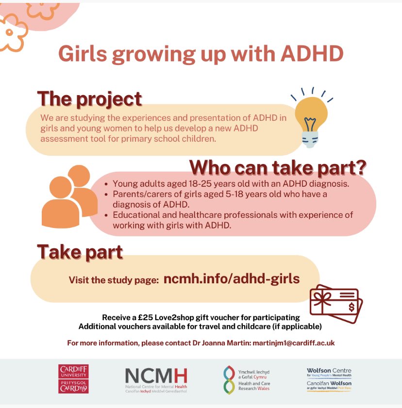 We are collaborating with Cardiff University & asking young women aged 18-25 diagnosed ADHD to hear about your experience of NHS & Education professionals.£25 voucher for participants. View info ncmh.info/help-with-rese… @adhd_girls @PCamhs @ADHDWOMENPUB @ADHDwiseUK @LeedsADHD