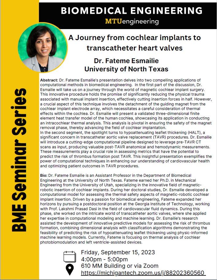 Our speaker this Friday is Dr. Fateme Esmailie @FatemePhd from the University of North Texas. If you are interested to learn all about cochlear implants, and leaflet thrombosis after transcatheter aortic valves in the same session, add this event to your calendar! @BiomedMtu