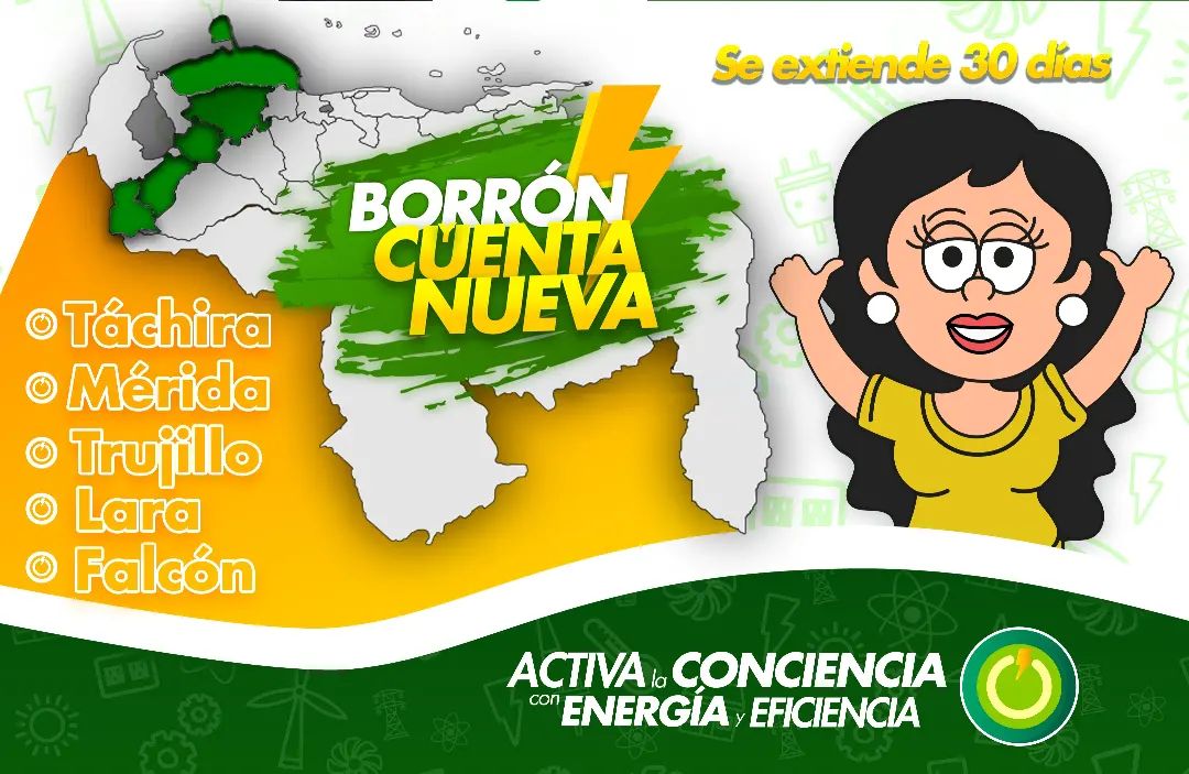 Gracias a la gran receptividad masiva de los usuarios, quiénes acudieron masivamente a los #CIAU, para la actualización de datos y el pago del servicio eléctrico, en los estados Lara, Falcón, Táchira, Mérida y Trujillo, extenderemos el plan #BorrónYCuentaNueva por 30 días más.