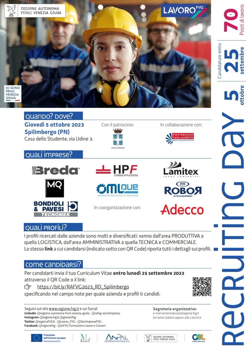 EnriSarcinelli's tweet photo. 🔵⚪ RECRUITING DAY A SPILIMBERGO - 5 OTTOBRE (iscrizioni entro il 25. 09) - 70 posti di lavoro⚪🔵
Grazie alla Regione FVG, Assessore Rosolen, al Consorzio Industriale Ponterosso Tagliamento, all'Agenzia Adecco, alle Aziende che hanno creduto nell'iniziativa.
Ad maiora, semper. https://t.co/g3h83OqCJC