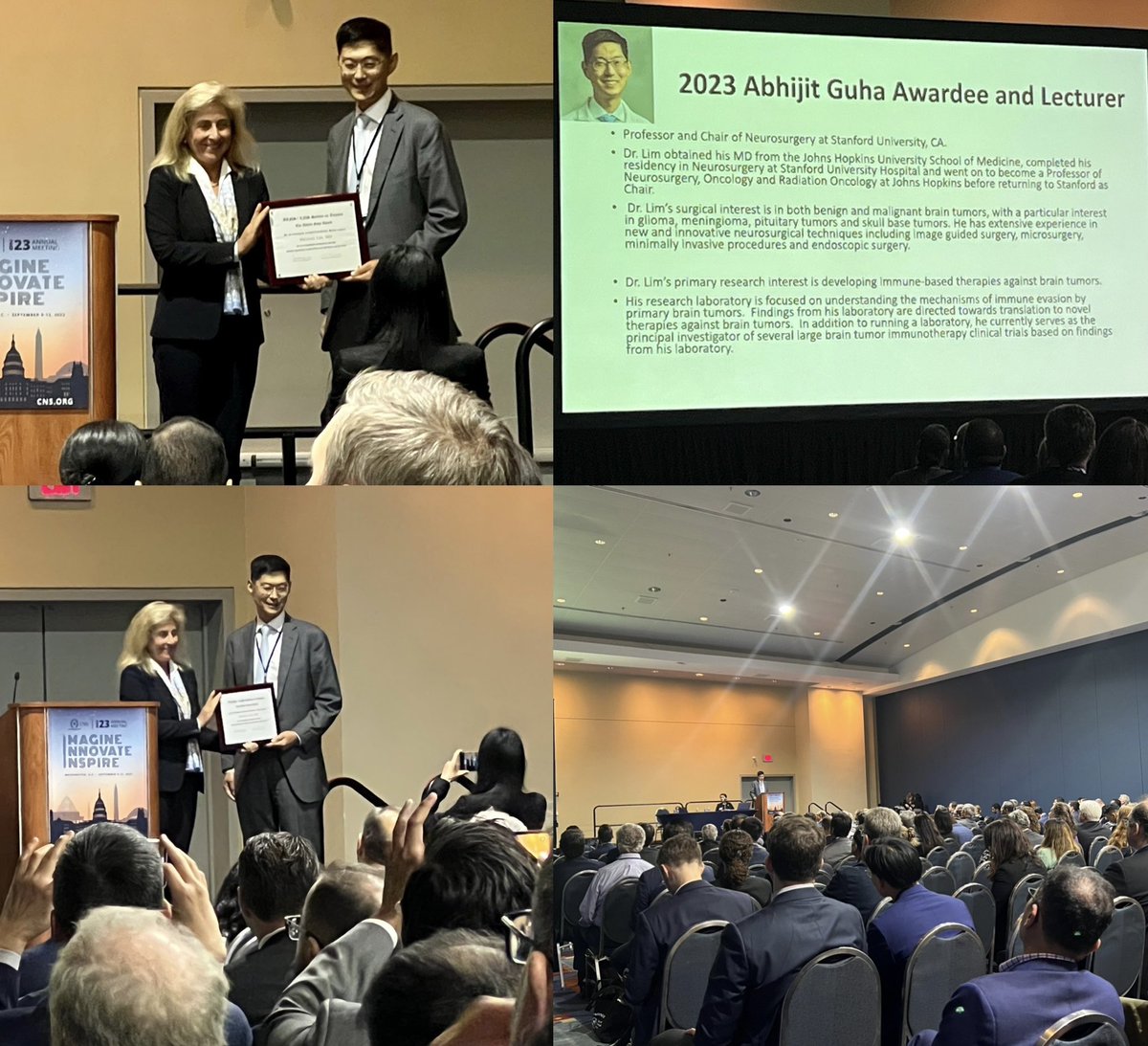 Congratulations @MichaelLimMD for being the 2023 Abhijit Guha awardee and lecturer! @CNS_Update #cns2023 @StanfordNsurg @StanfordMed @IsaacYangMD @UCLAHealth @UCLANsgy #2023cns @NSTumorSection