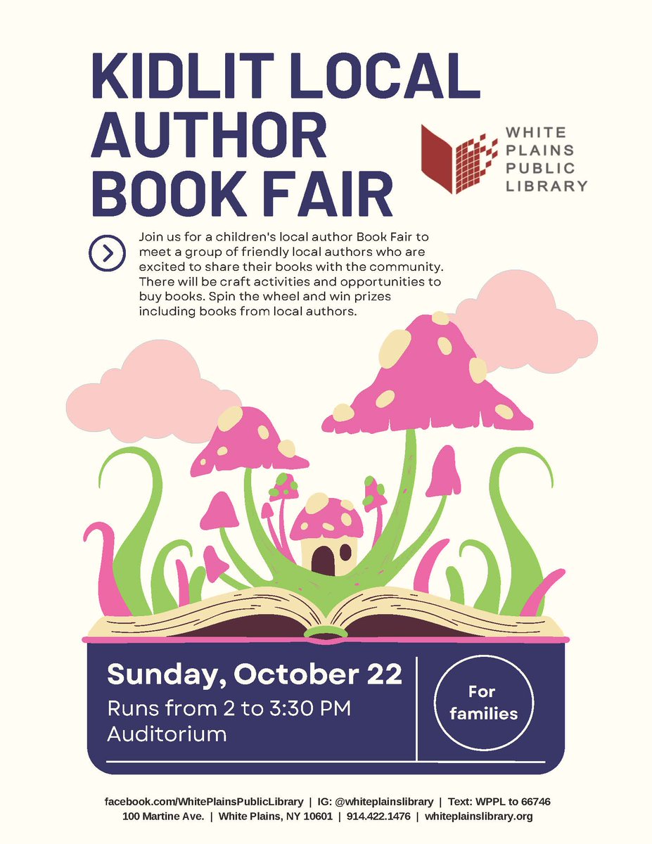 SAVE THE DATE!
'#KidLit #LocalAuthors #BookFair' at @WhitePlainsLib 2-330pm Sun 10/22!

@WPTApresidents @wplainsschools @DrJosephRicca @GWlibraryWP @mas_library @RidgewayLMC @ChurchStLibrary @PRlibrarylady @postroadschool @GWElem_WP @MAS_WP @Ridgeway_WP @ChurchStreet_WP