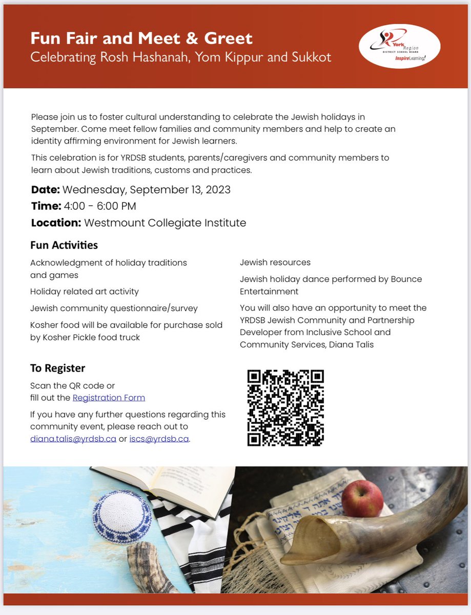 Please join us at our Jewish Fun Fair on Sept 13 to foster cultural understanding &amp; celebrate the Jewish holidays in Sept.   

Come meet fellow families &amp; community members &amp; help to create an identity-affirming environment for Jewish learners. 

More: www2.yrdsb.ca/jewish-fun-fair