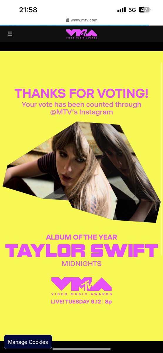 sweeetener's tweet photo. @taylornation13 @MTV @taylorswift13 @vmas gotta vote for one of my fave albums 💙 #TSmidnighTS #VMAs https://t.co/hXbIurQwXQ