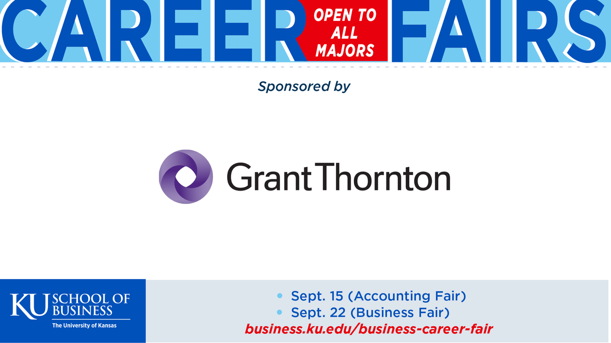 The  KU School of Business would like to thank our gold sponsor, Grant Thornton! As you plan and prepare for the upcoming 2023 career fairs, plan on visiting their booth! Be proactive and check out their opportunities @https://bit.ly/44KfLQb #grantthorntoncareers