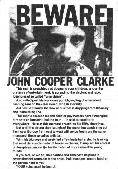 A flyer distributed by right wing God botherers outside JCC gigs in 1978. Now his poems are studied in schools & Unis & he's regarded as a National Treasure. The Bard of Salford 1 Intolerant 'Christians' 0