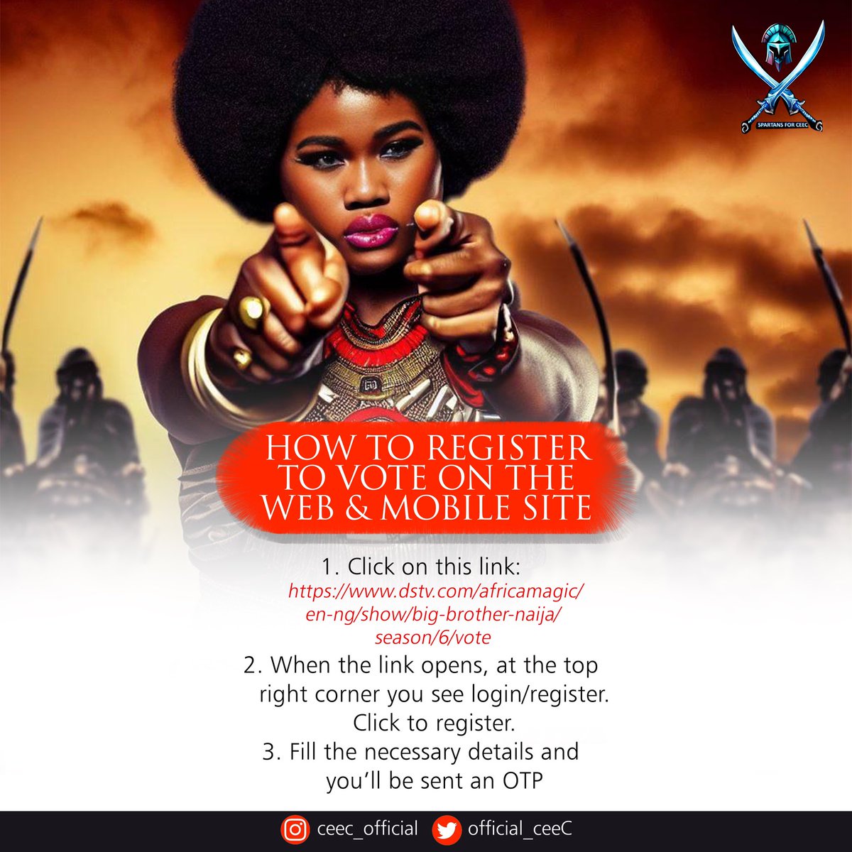Official_CeeC's tweet photo. SPARTANS!!! All  Hands on Deck!! 🔥🔥
Voting lines are open!!! 
Pour in all your votes starting tonight📌
Focus!!📌
No Defending 📌
No Distractions 📌
VOTE! VOTE!! VOTE!!!🔥🔥

Vote Ceec 
#CeecX120
#BBNaija 
#BBNaijaAllStars https://t.co/2WrG44aMeG