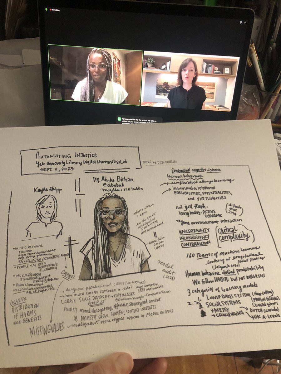 Automating Injustice <a href="/YaleDHLab/">Yale DHLab</a> <a href="/Abebab/">Abeba Birhane</a> frames the hype of AI, audits datasets, cautions us to account for critical complexity and envision alternative futures. #jojodoodles