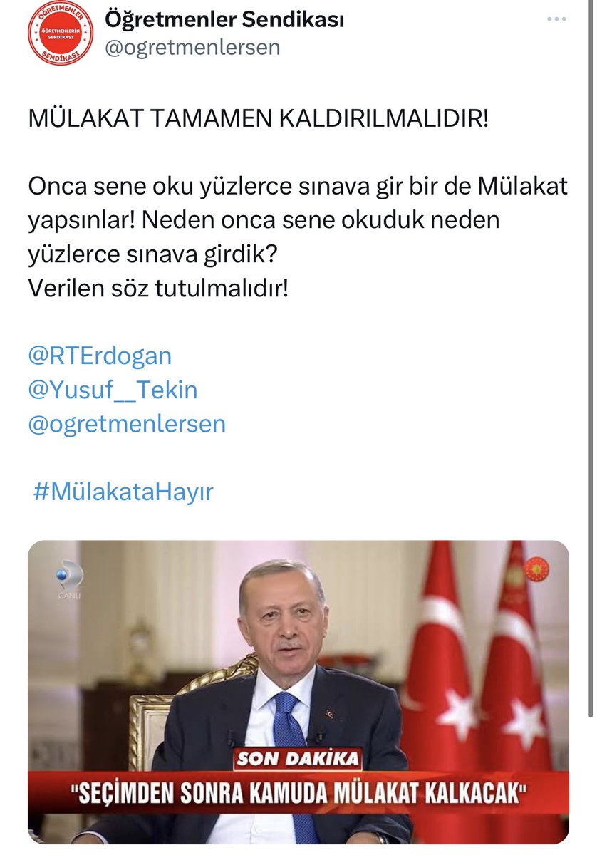 Öğretmenler Sendikası: Mülakat tamamen kaldırılmalıdır!  
@ogretmenlersen 

#MülakataHayır